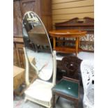 Vintage painted cheval mirror together with a carved back hall chair and reproduction walnut side