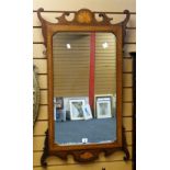 A good antique painted and inlaid mahogany framed wall mirror with scroll upper and lower section,