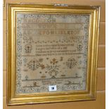 A good early nineteenth century alphabetical, numerical and pictorial needlework sampler by 'Harriot