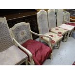 Three pairs of painted continental-type cane back chairs