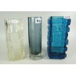 THREE BARK TEXTURED ART GLASS VASES in the manner of Whitefriars, each approximately 22cms high