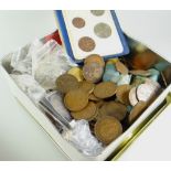 A COMMEMORATIVE TIN OF COINAGE mainly loose pre-decimal coinage, including non-circulated, and