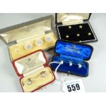VARIOUS DRESS STUDS - four cased sets of dress studs comprising 18ct yellow gold five piece set,