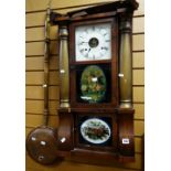 A VINTAGE AMERICAN WALL CLOCK (distressed) together with a copper bed warming pan