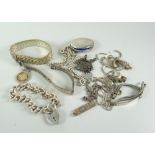 A PARCEL OF SILVER/WHITE METAL JEWELLERY including ingots, vintage rugby pendants, regimental pin,