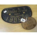 TWO CAST IRON ENGINE PLAQUES for LNER Standard 12 tons 1937 Darlington No. 198993 together with
