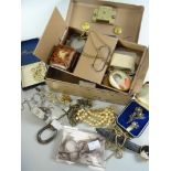 A SAFETY DEED TIN CONTAINING LOOSE COINAGE within a shoebox containing costume jewellery etc.