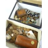 A VINTAGE MOTHER-OF-PEARL INLAID BOX containing an assortment of costume jewellery etc. together