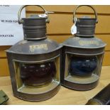 MASTHEAD LAMPS being a pair of vintage copper and brass and coloured glass nautical starboard and