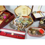 A BOX CONTAINING A LARGE ASSORTMENT OF COSTUME JEWELLERY AND SMALL ITEMS including an antique carved