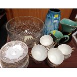 A LARGE CUT GLASS FRUIT BOWL, parcel of Royal Stafford gilt decorated teaware etc.