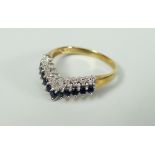 9CT YELLOW GOLD TWO ROW SAPPHIRE AND DIAMOND RING OF ARROWHEAD OR WISHBONE DESIGN. 2.4 grams