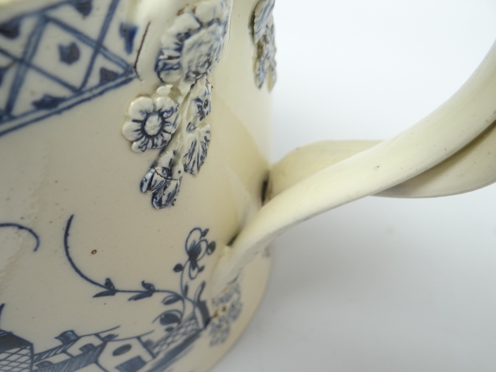 AN EIGHTEENTH CENTURY CREAMWARE OVERSIZE TEAPOT decorated with underglazed blue landscape decoration - Image 6 of 12