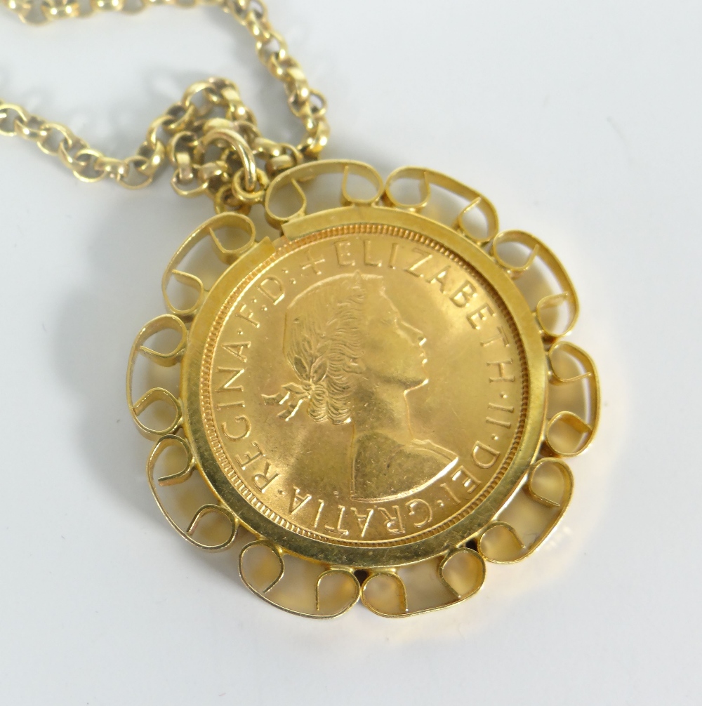 1965 ELIZABETH II GOLD SOVEREIGN in 9ct gold mount on 9ct gold chain. 16.8 gram approximately. - Image 2 of 2