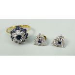 18CT YELLOW GOLD SAPPHIRE AND DIAMOND FLOWER CLUSTER RING (diamond total weight 0.36ct visual