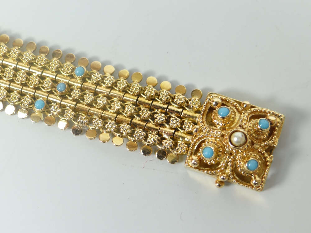 PORTUGUESE YELLOW GOLD BRACELET SET WITH TURQUOISE STONES AND SEED PEARL. stamped "Rosas De Portugal - Image 2 of 3