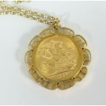 1965 ELIZABETH II GOLD SOVEREIGN in 9ct gold mount on 9ct gold chain. 16.8 gram approximately.