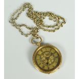 18K YELLOW GOLD ENGRAVED FANCY FOB WATCH TOGETHER WITH 9CT GOLD LOOP CHAIN. 42.8 grams overall