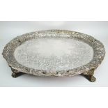 VICTORIAN LARGE SILVER CIRCULAR TRAY HAVING PIERCED VINE AND MASK BORDER, engraved cartouche