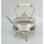 GEORGE V SILVER SPIRIT KETTLE ON STAND WITH BURNER of circular simple form, the stand having four
