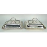 PAIR OF GEORGE V SILVER TUREENS AND COVERS OF RECTANGULAR FORM with detachable handles and gadroon