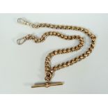 9CT YELLOW GOLD DOUBLE ALBERT POCKET WATCH CHAIN with central T-bar. 44.5 cm long, 43.6 grams