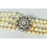 A SUPERB FOUR ROW PEARL, DIAMOND & AMETHYST CHOKER the amethyst fastener centred with a pearl and