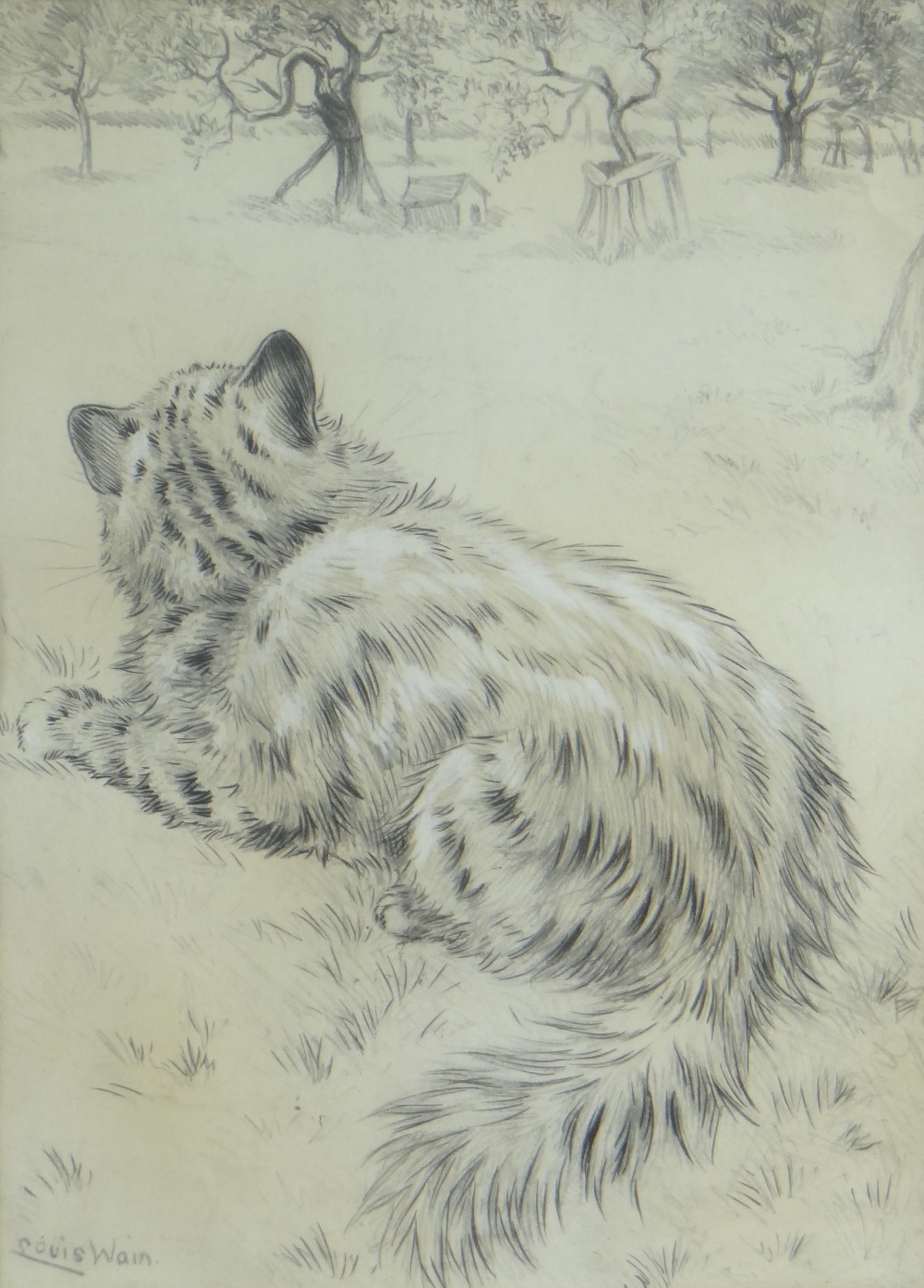 LOUIS WAIN heightened pencil drawing - reclining long-haired cat observing in a garden, signed, 32 x