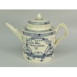 AN EIGHTEENTH CENTURY CREAMWARE OVERSIZE TEAPOT decorated with underglazed blue landscape decoration