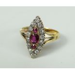 18CT YELLOW GOLD DIAMOND AND RUBY MARQUISE CLUSTER RING. 4 grams approximately. Condition Report: In