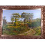 J WILSON HEPBURN oil on canvas - wooden gate and track with farmland to background, signed, 59 x