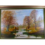 J WILSON HEPBURN oil on canvas - autumnal lakeside landscape, signed, 60 x 90 cms