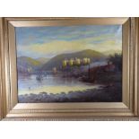 ELIZA WOODCOCK oil on canvas - Conwy Castle, Bridge, Harbour and boats from the Marine Walk side,