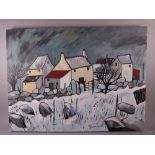 OWEN MEILIR oil on canvas on stretcher - stone wall with dwellings to the background and snow