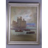 BRETT LONDON oil on board - Caernarfon Castle with trawler exiting the harbour, signed in full, 59 x