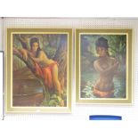 J H LYNCH two mid Century framed prints - sultry ladies, 68 x 49 cms and 78 x 58 cms