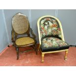 An early 20th Century cane seated and backed chair and a gilt decorated bedroom chair with raised