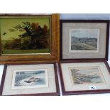 Reproduction sporting print titled 'The Spaniel' and three small antique coloured sporting prints,