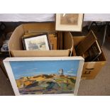 Box of framed pictures and prints, a vintage wooden easel and a quantity of empty pictures frames