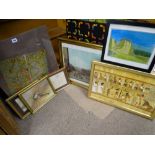 Mixed selection of framed pictures and prints and a vintage 'Snakes & Ladders' board, mounted behind