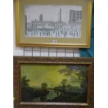 L S LOWRY unsigned framed print - figures outside a factory and RICHARD WILSONvintage framed print