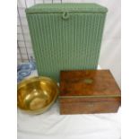 Victorian walnut brass bound writing slope (for restoration), an Oriental brass fruit bowl and a