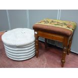 Edwardian mahogany box seat piano stool and a modern button upholstered circular footstool