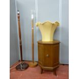 Octagonal single door cabinet and two vintage wooden standard lamps