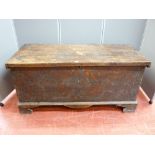 Substantial antique blanket chest with poker work decoration on decorative corner feet, 147cms x