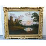 EARLY CONTINENTAL SCHOOL oil on canvas - town to background with castle and figures fishing in the