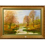 J WILSON HEPBURN oil on canvas - autumnal lakeside landscape, signed, 60 x 90 cms