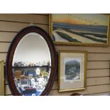 Oval framed Edwardian wall mirror, C WATSON oil on board - titled 'Pink Footed Geese over a