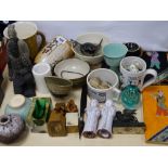 A collection of Studio pottery including sterling silver and other pottery topped rings, a selection