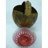 Primitive carved nut basket and a ruby red glass bowl